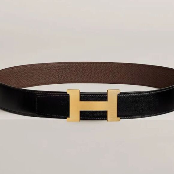 Mens Leather HERMES Belt Reversible Black & Brown w Gold Buckle 105 BOX and Bag - Picture 1 of 10